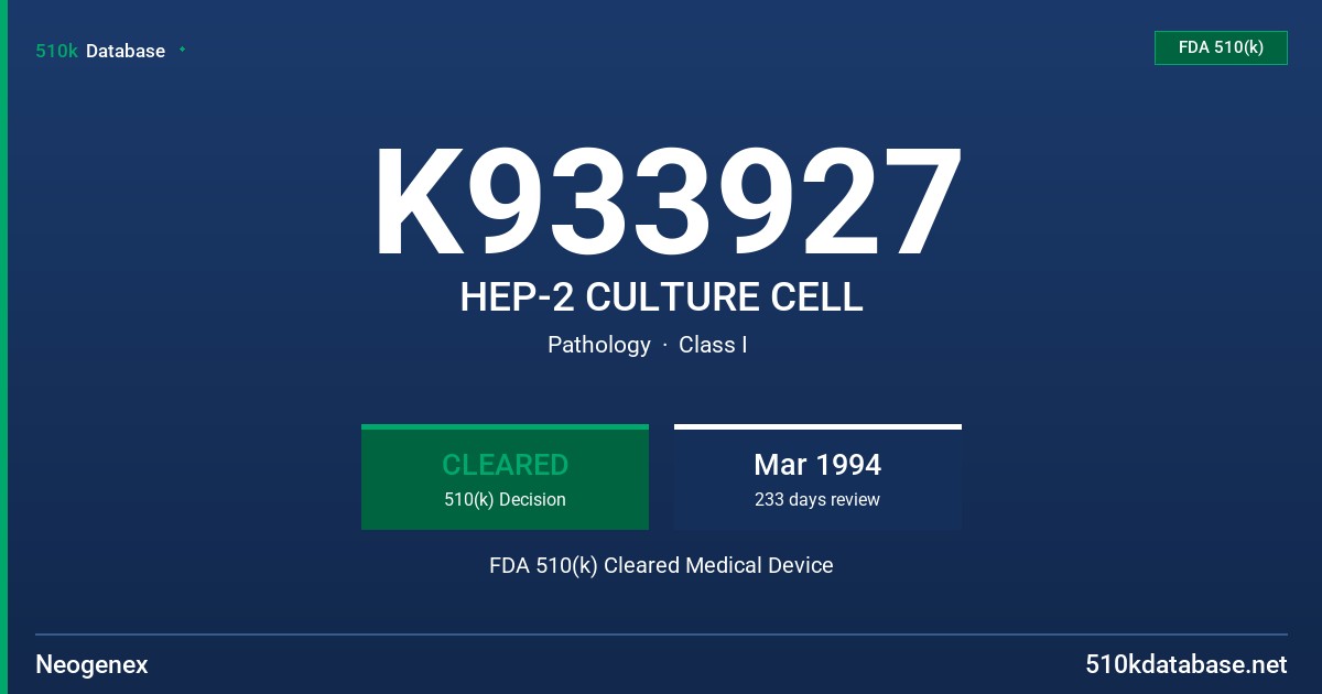 K933927 HEP-2 CULTURE CELL FDA 510(k) Cleared Medical Device