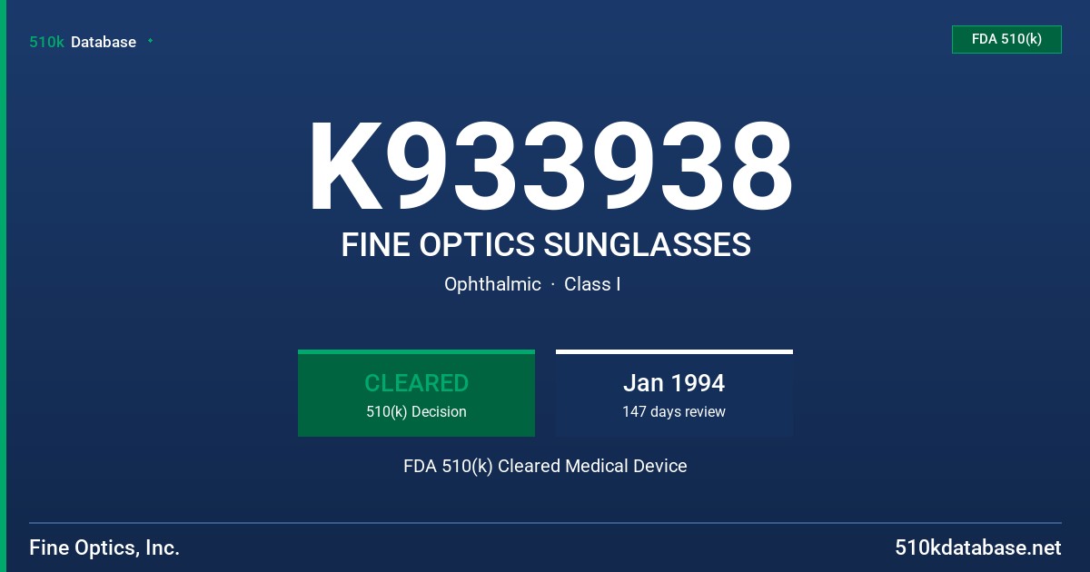 K933938 FINE OPTICS SUNGLASSES FDA 510(k) Cleared Medical Device