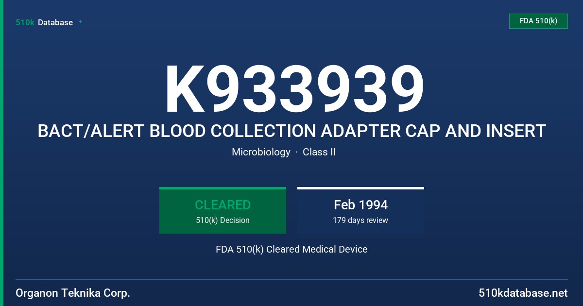 K933939 BACT/ALERT BLOOD COLLECTION ADAPTER CAP AND INSERT FDA 510(k) Cleared Medical Device