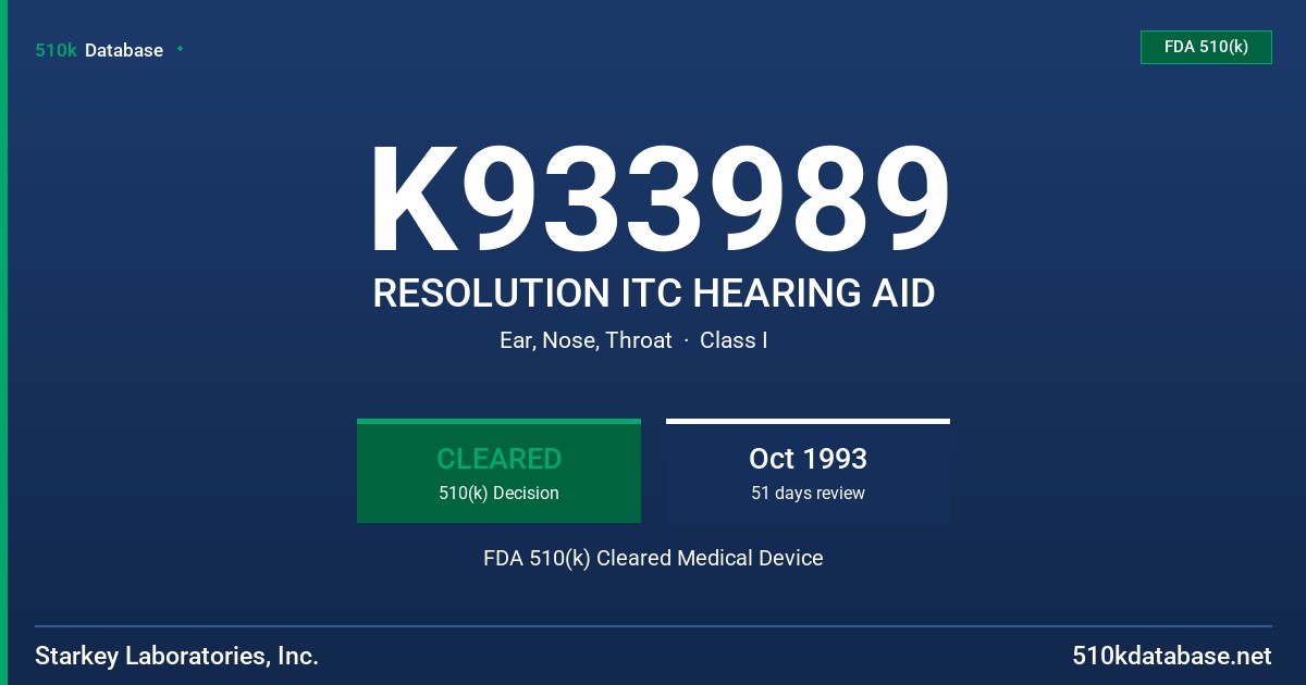 K933989 RESOLUTION ITC HEARING AID FDA 510(k) Cleared Medical Device