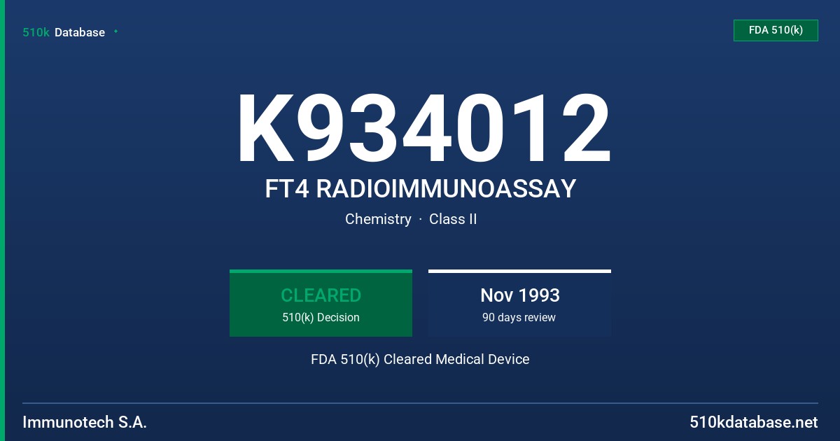 K934012 FT4 RADIOIMMUNOASSAY FDA 510(k) Cleared Medical Device