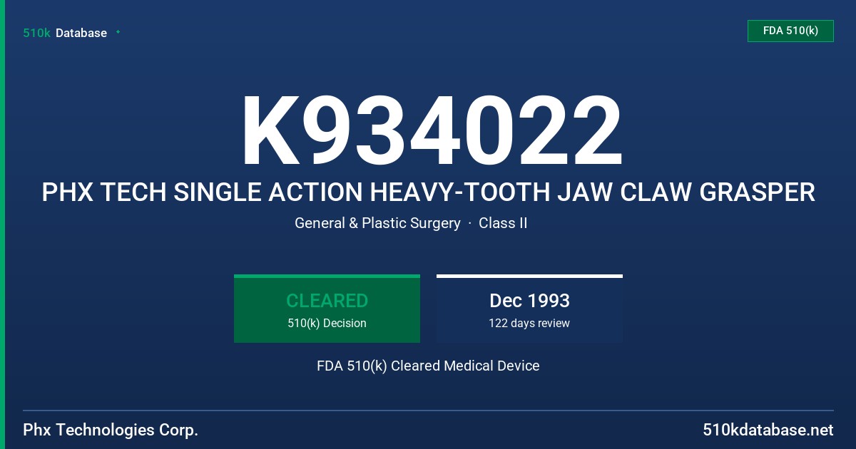 K934022 PHX TECH SINGLE ACTION HEAVY-TOOTH JAW CLAW GRASPER FDA 510(k) Cleared Medical Device