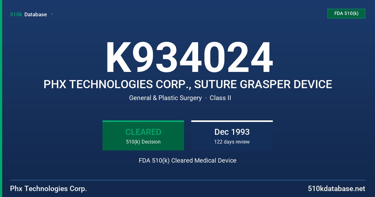 K934024 PHX TECHNOLOGIES CORP., SUTURE GRASPER DEVICE FDA 510(k) Cleared Medical Device