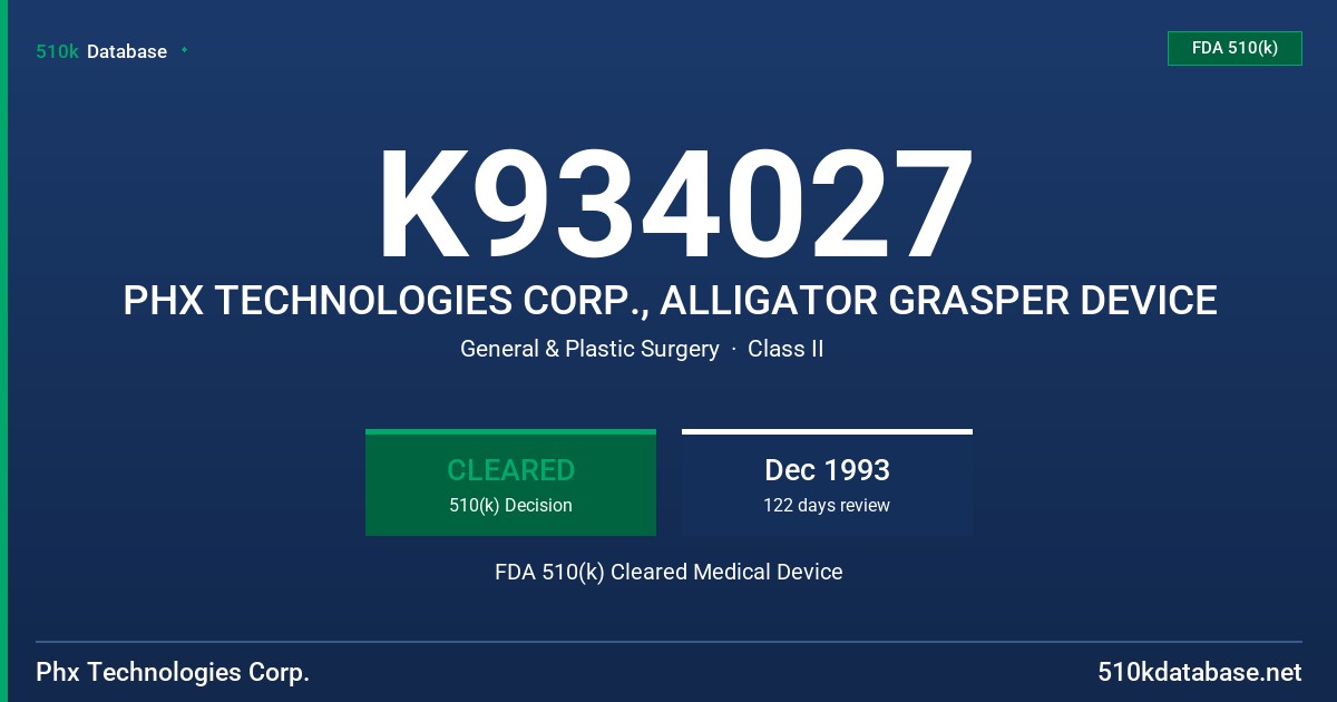K934027 PHX TECHNOLOGIES CORP., ALLIGATOR GRASPER DEVICE FDA 510(k) Cleared Medical Device