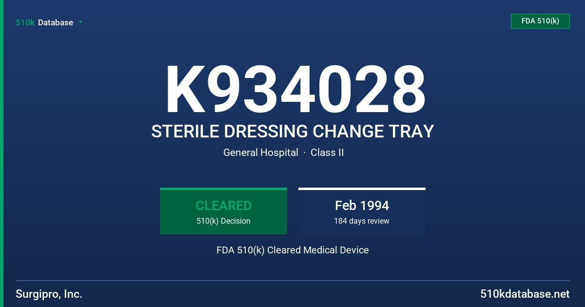 K934028 STERILE DRESSING CHANGE TRAY FDA 510(k) Cleared Medical Device