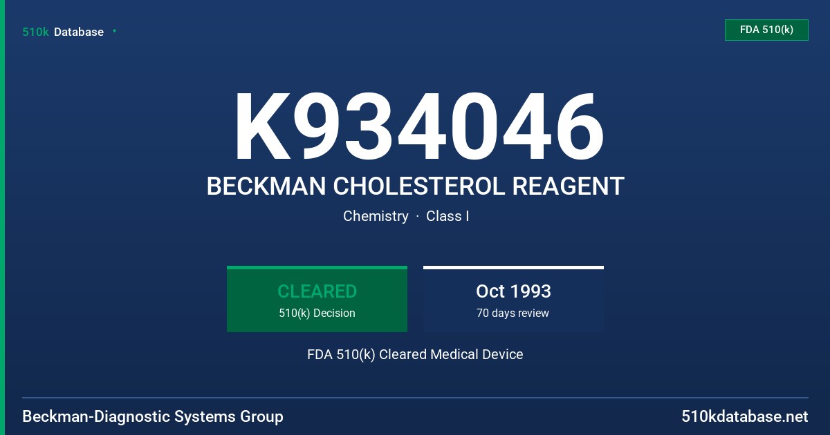 K934046 BECKMAN CHOLESTEROL REAGENT FDA 510(k) Cleared Medical Device