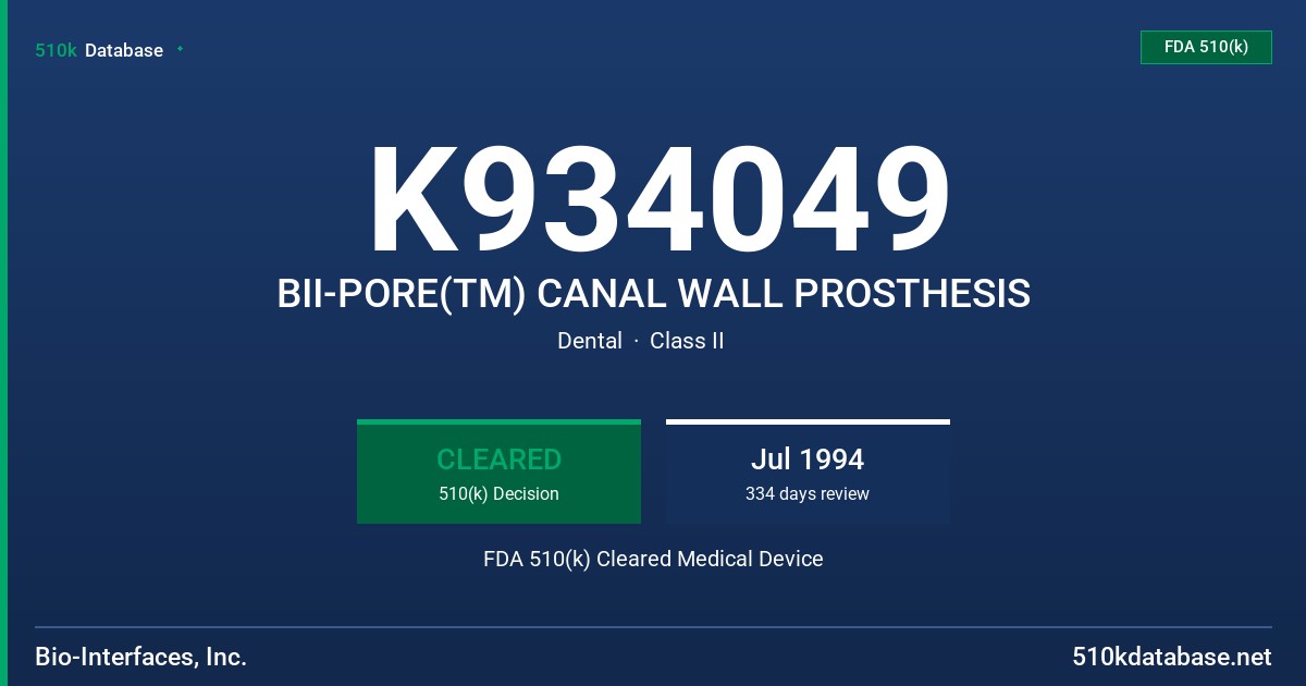 K934049 BII-PORE(TM) CANAL WALL PROSTHESIS FDA 510(k) Cleared Medical Device