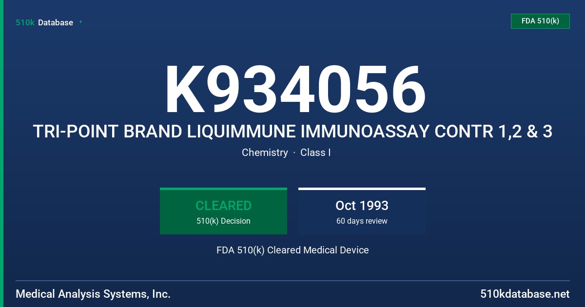K934056 TRI-POINT BRAND LIQUIMMUNE IMMUNOASSAY CONTR 1,2 & 3 FDA 510(k) Cleared Medical Device