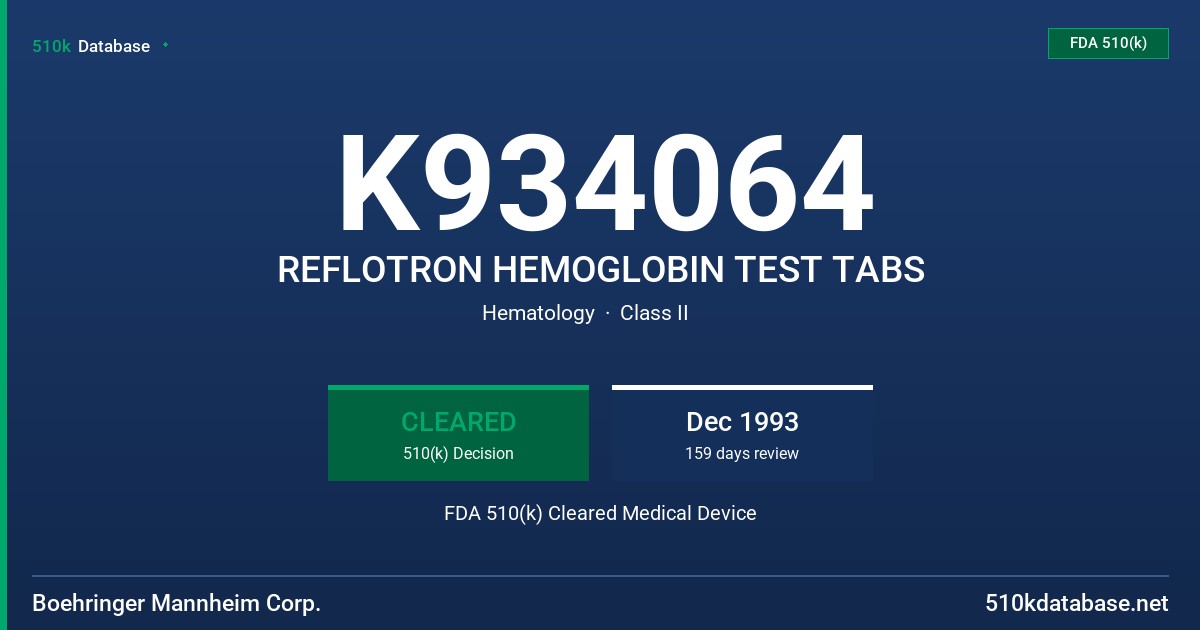 K934064 REFLOTRON HEMOGLOBIN TEST TABS FDA 510(k) Cleared Medical Device