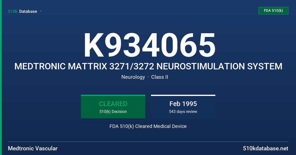 K934065 MEDTRONIC MATTRIX 3271/3272 NEUROSTIMULATION SYSTEM FDA 510(k) Cleared Medical Device