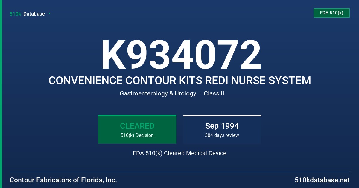 K934072 CONVENIENCE CONTOUR KITS REDI NURSE SYSTEM FDA 510(k) Cleared Medical Device