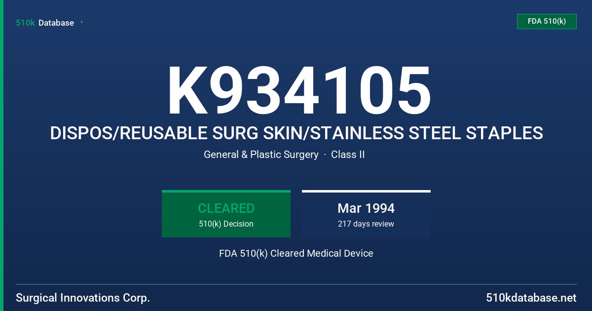 K934105 DISPOS/REUSABLE SURG SKIN/STAINLESS STEEL STAPLES FDA 510(k) Cleared Medical Device