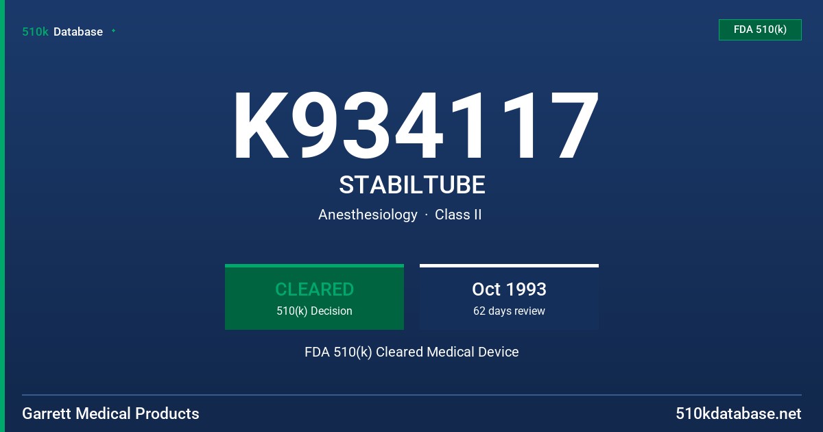 K934117 STABILTUBE FDA 510(k) Cleared Medical Device