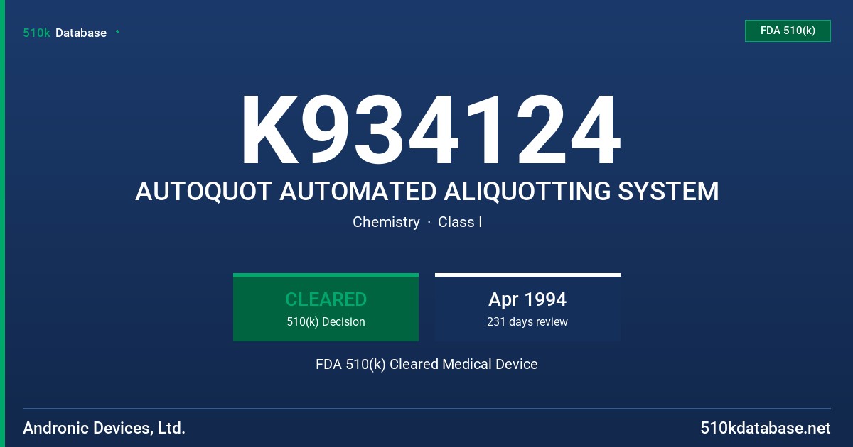 K934124 AUTOQUOT AUTOMATED ALIQUOTTING SYSTEM FDA 510(k) Cleared Medical Device