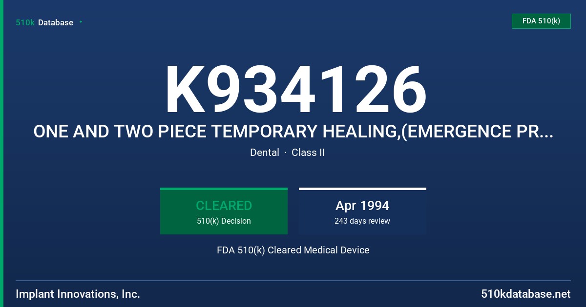 K934126 ONE AND TWO PIECE TEMPORARY HEALING,(EMERGENCE PROFILE) ABUTMENTS FDA 510(k) Cleared Medical Device