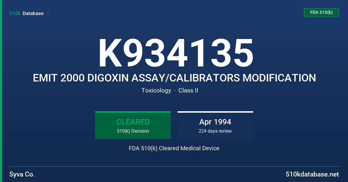 K934135 EMIT 2000 DIGOXIN ASSAY/CALIBRATORS MODIFICATION FDA 510(k) Cleared Medical Device