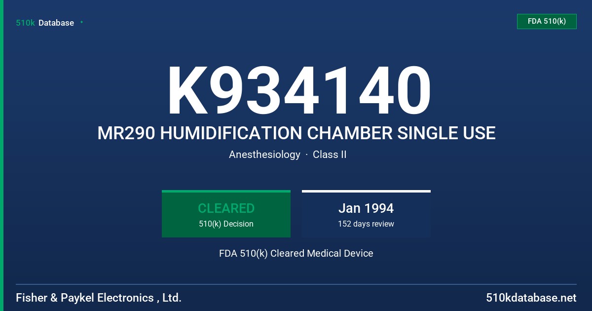 K934140 MR290 HUMIDIFICATION CHAMBER SINGLE USE FDA 510(k) Cleared Medical Device