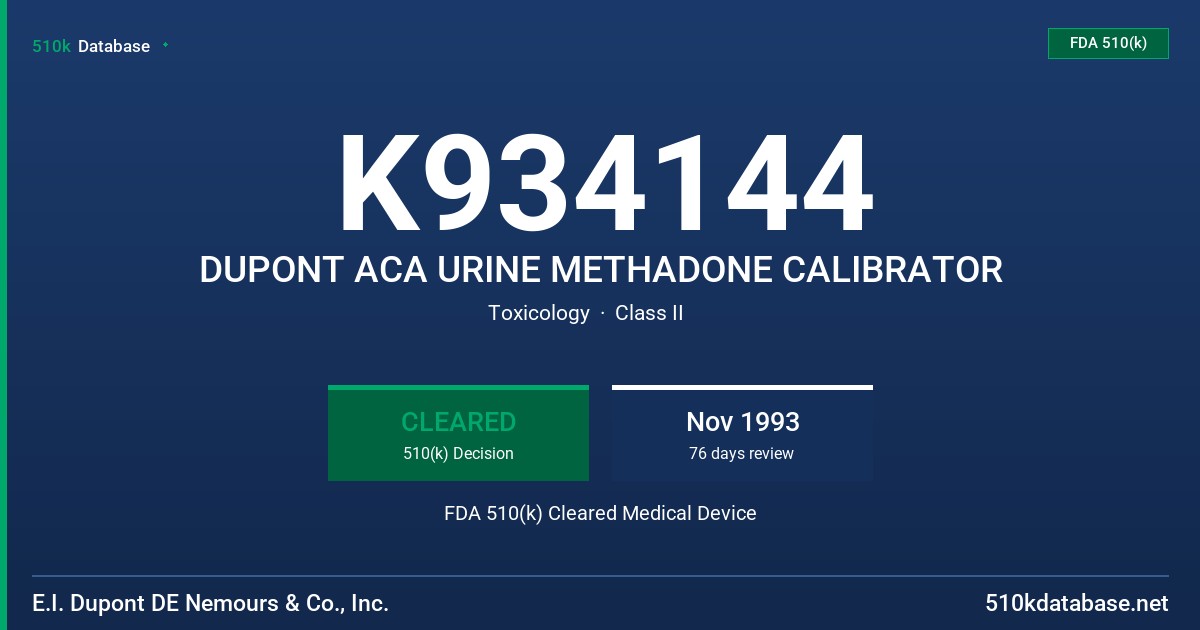 K934144 DUPONT ACA URINE METHADONE CALIBRATOR FDA 510(k) Cleared Medical Device