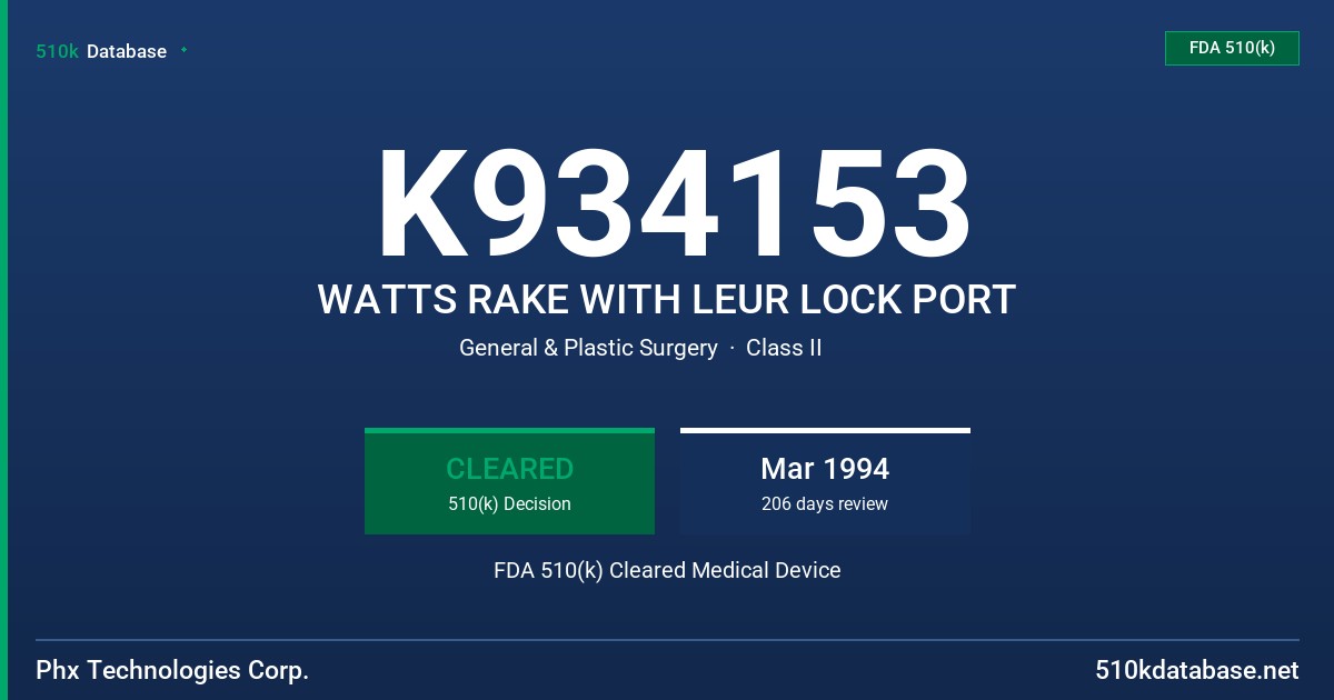 K934153 WATTS RAKE WITH LEUR LOCK PORT FDA 510(k) Cleared Medical Device