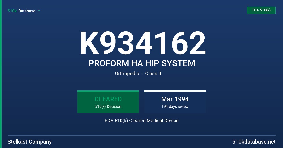 K934162 PROFORM HA HIP SYSTEM FDA 510(k) Cleared Medical Device