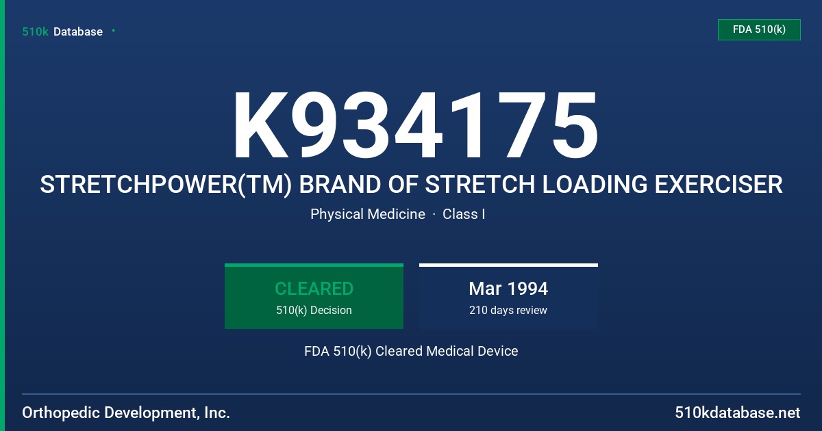 K934175 STRETCHPOWER(TM) BRAND OF STRETCH LOADING EXERCISER FDA 510(k) Cleared Medical Device