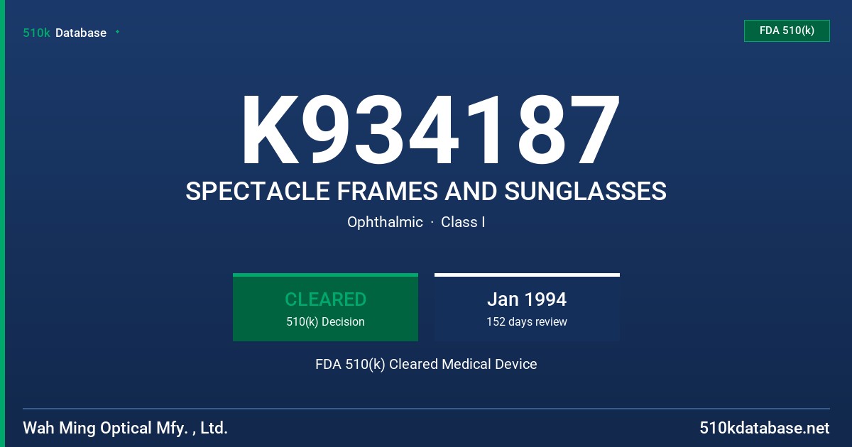 K934187 SPECTACLE FRAMES AND SUNGLASSES FDA 510(k) Cleared Medical Device