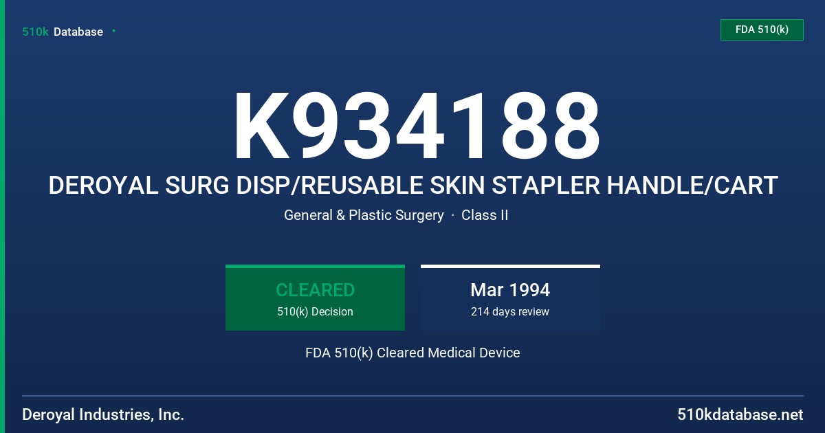 K934188 DEROYAL SURG DISP/REUSABLE SKIN STAPLER HANDLE/CART FDA 510(k) Cleared Medical Device