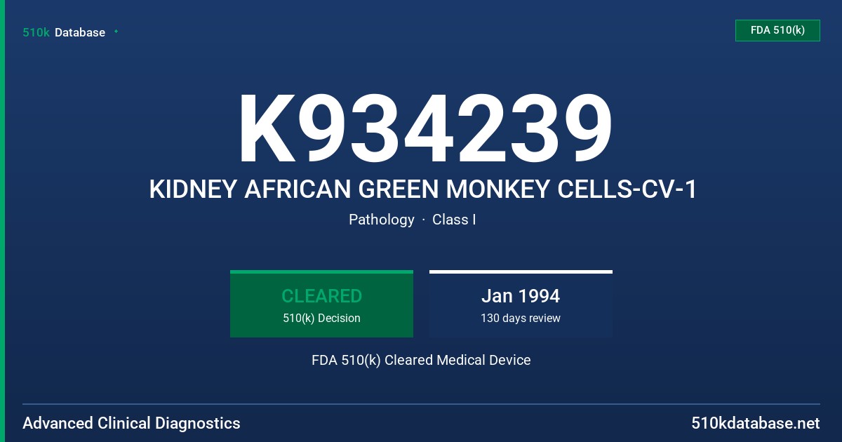 K934239 KIDNEY AFRICAN GREEN MONKEY CELLS-CV-1 FDA 510(k) Cleared Medical Device