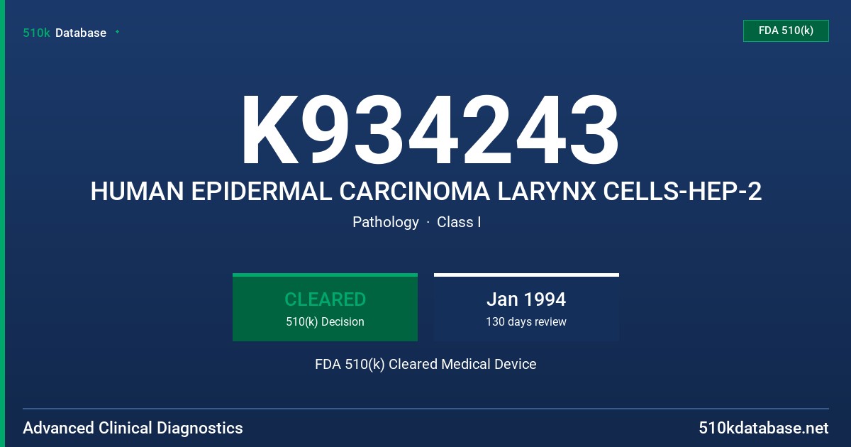 K934243 HUMAN EPIDERMAL CARCINOMA LARYNX CELLS-HEP-2 FDA 510(k) Cleared Medical Device