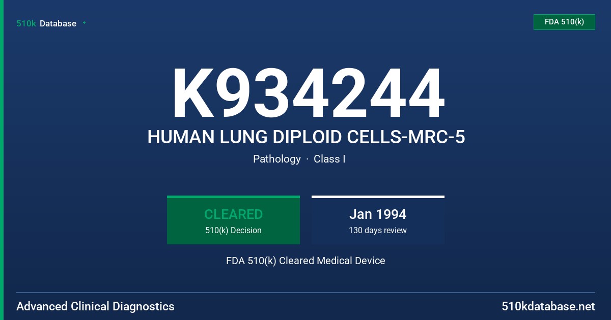 K934244 HUMAN LUNG DIPLOID CELLS-MRC-5 FDA 510(k) Cleared Medical Device