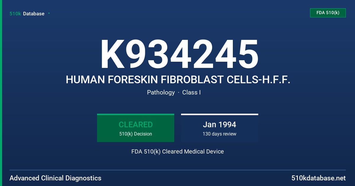 K934245 HUMAN FORESKIN FIBROBLAST CELLS-H.F.F. FDA 510(k) Cleared Medical Device