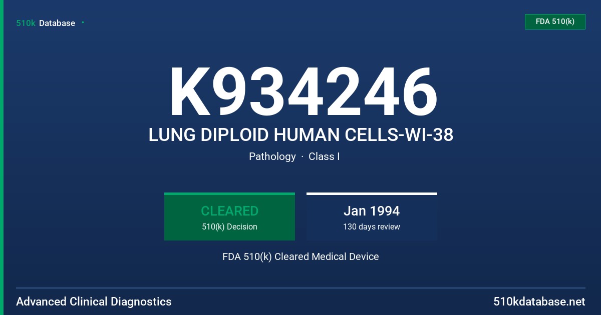 K934246 LUNG DIPLOID HUMAN CELLS-WI-38 FDA 510(k) Cleared Medical Device