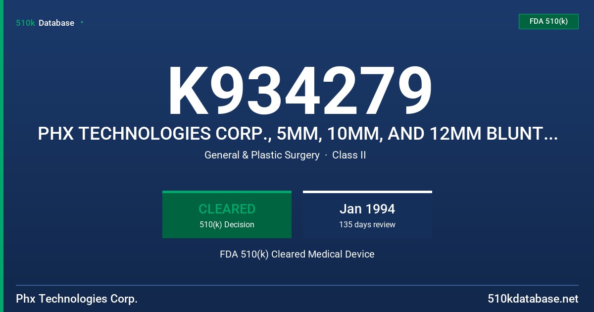 K934279 PHX TECHNOLOGIES CORP., 5MM, 10MM, AND 12MM BLUNT-TIPPED TROCAR OBTURATORS AND MATCHED TROCAR TUBES FDA 510(k) Cleared Medical Device