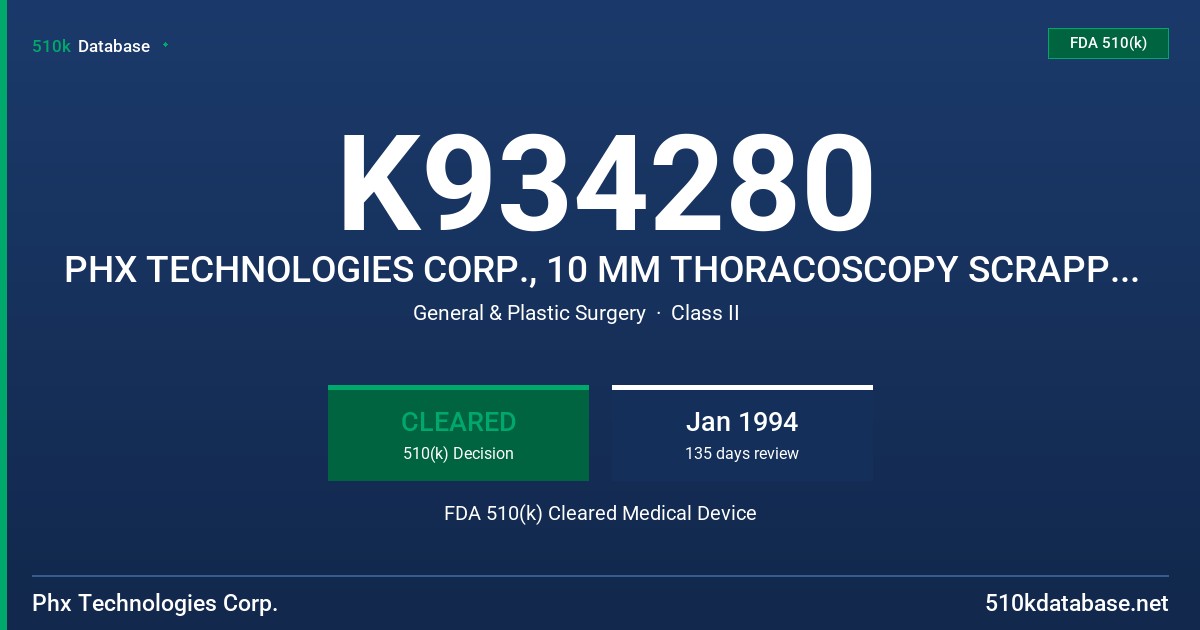 K934280 PHX TECHNOLOGIES CORP., 10 MM THORACOSCOPY SCRAPPER DEVICE FDA 510(k) Cleared Medical Device