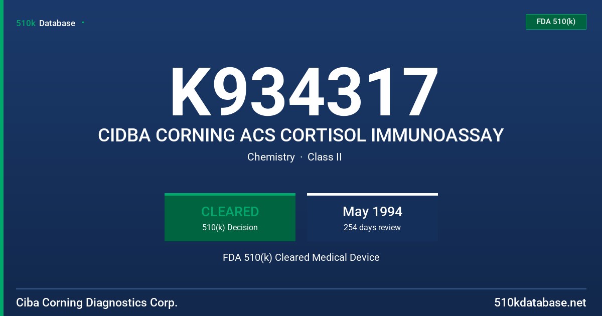 K934317 CIDBA CORNING ACS CORTISOL IMMUNOASSAY FDA 510(k) Cleared Medical Device