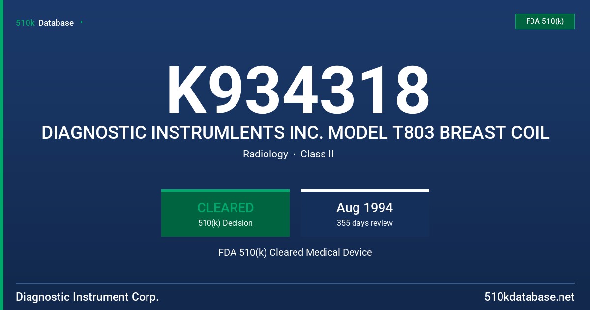 K934318 DIAGNOSTIC INSTRUMLENTS INC. MODEL T803 BREAST COIL FDA 510(k) Cleared Medical Device