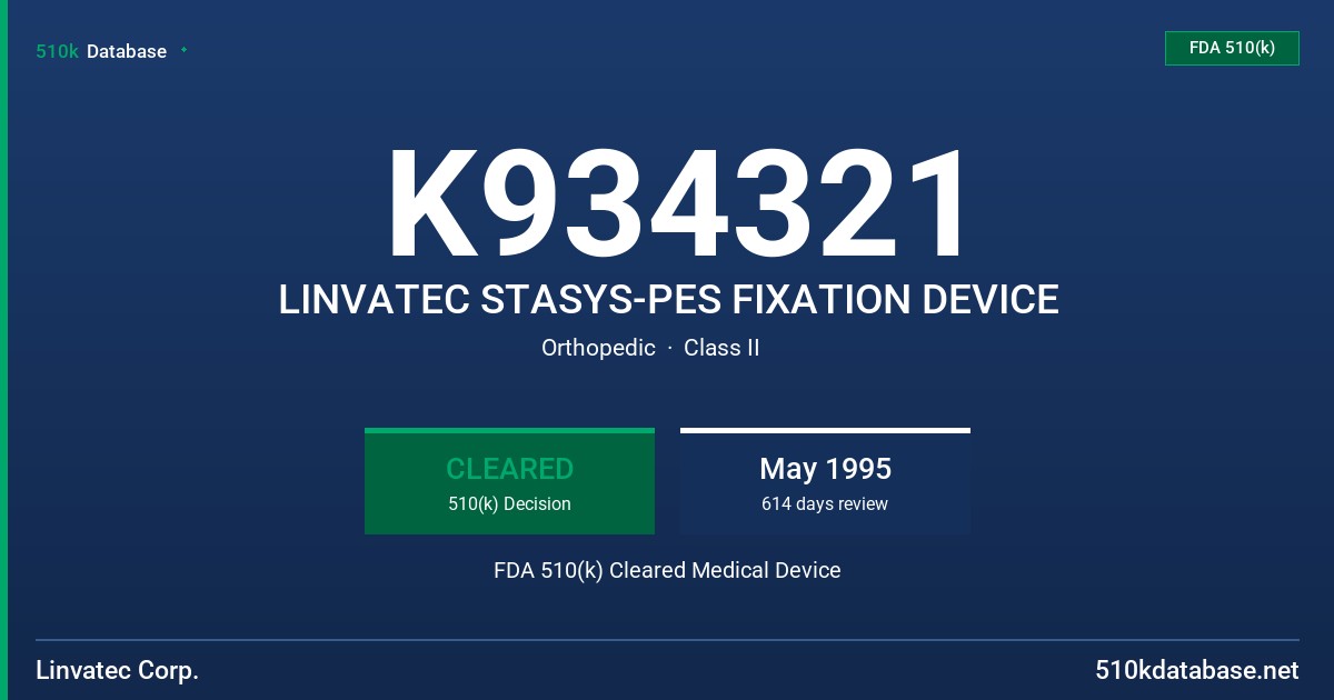 K934321 LINVATEC STASYS-PES FIXATION DEVICE FDA 510(k) Cleared Medical Device