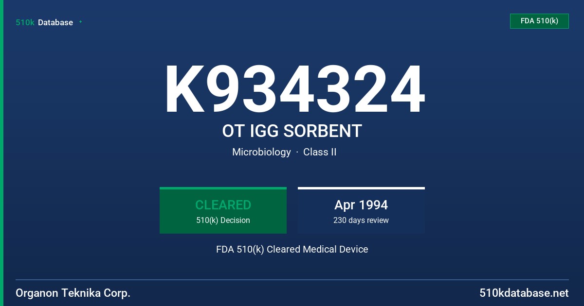 K934324 OT IGG SORBENT FDA 510(k) Cleared Medical Device