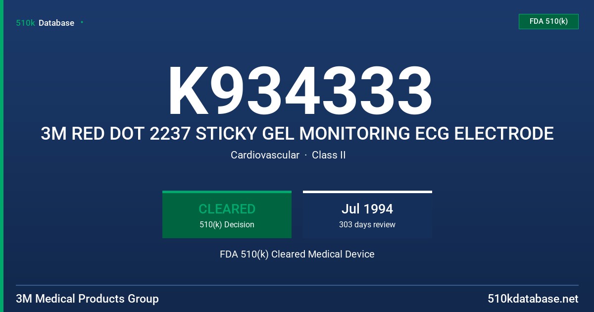 K934333 3M RED DOT 2237 STICKY GEL MONITORING ECG ELECTRODE FDA 510(k) Cleared Medical Device