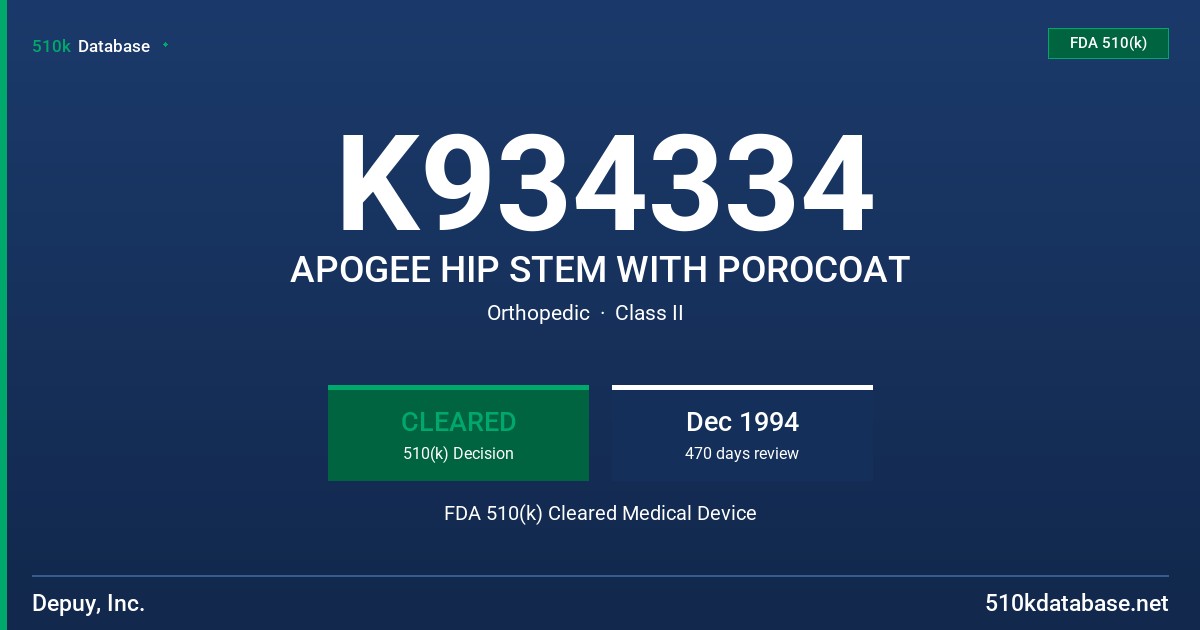 K934334 APOGEE HIP STEM WITH POROCOAT FDA 510(k) Cleared Medical Device