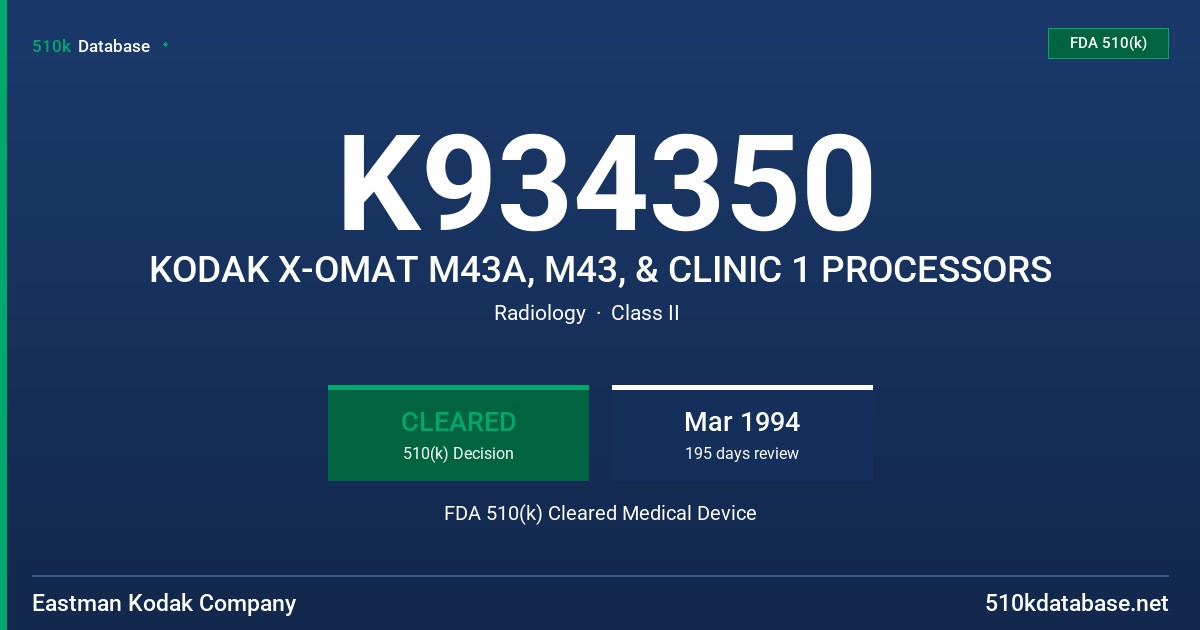 K934350 KODAK X-OMAT M43A, M43, & CLINIC 1 PROCESSORS FDA 510(k) Cleared Medical Device