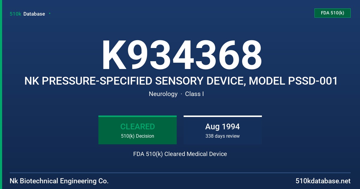 K934368 NK PRESSURE-SPECIFIED SENSORY DEVICE, MODEL PSSD-001 FDA 510(k) Cleared Medical Device