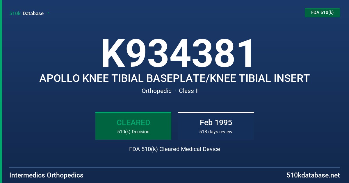 K934381 APOLLO KNEE TIBIAL BASEPLATE/KNEE TIBIAL INSERT FDA 510(k) Cleared Medical Device