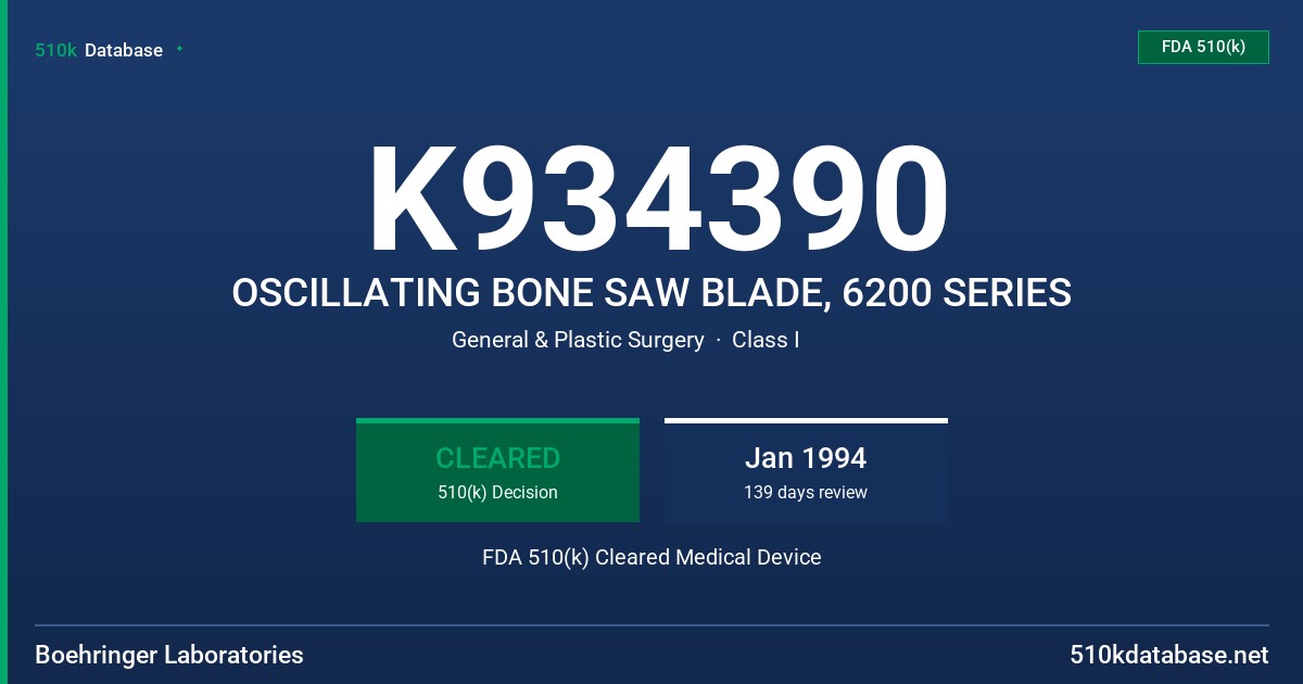 K934390 OSCILLATING BONE SAW BLADE, 6200 SERIES FDA 510(k) Cleared Medical Device