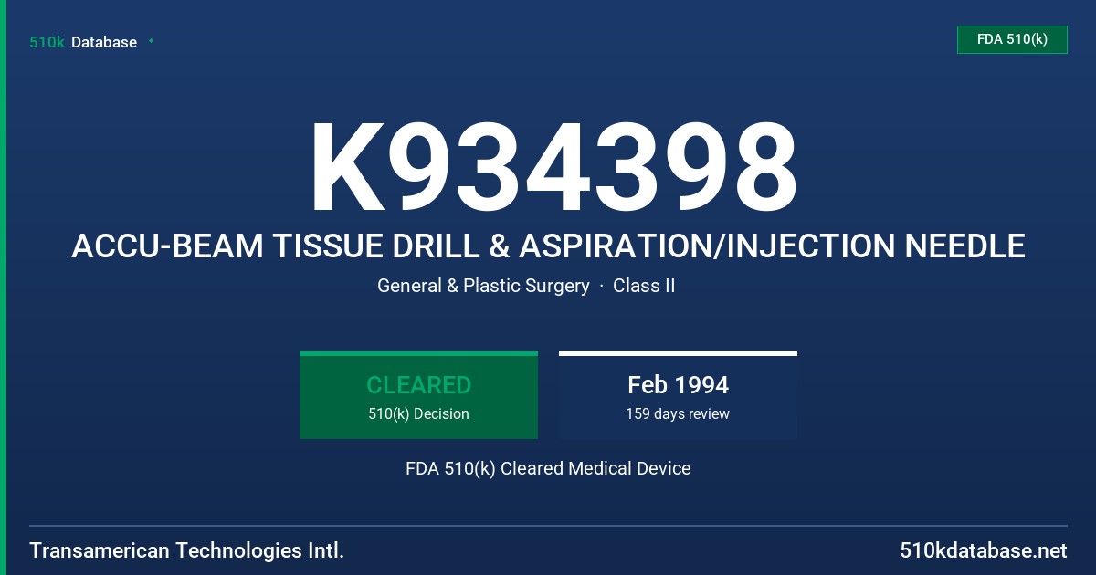 K934398 ACCU-BEAM TISSUE DRILL & ASPIRATION/INJECTION NEEDLE FDA 510(k) Cleared Medical Device