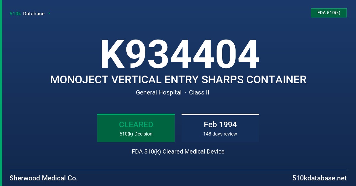 K934404 MONOJECT VERTICAL ENTRY SHARPS CONTAINER FDA 510(k) Cleared Medical Device