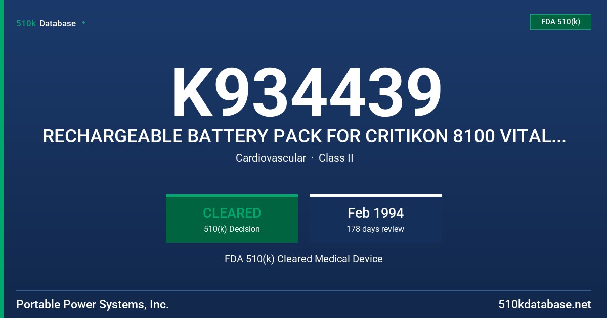 K934439 RECHARGEABLE BATTERY PACK FOR CRITIKON 8100 VITAL SIGNS MONITOR FDA 510(k) Cleared Medical Device