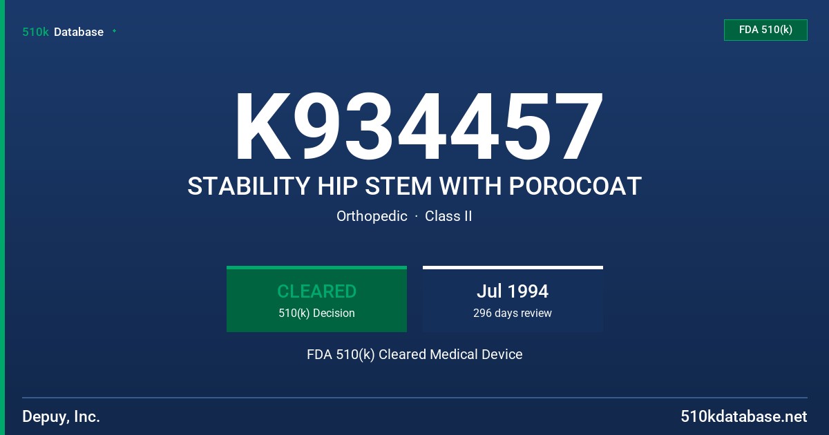 K934457 STABILITY HIP STEM WITH POROCOAT FDA 510(k) Cleared Medical Device