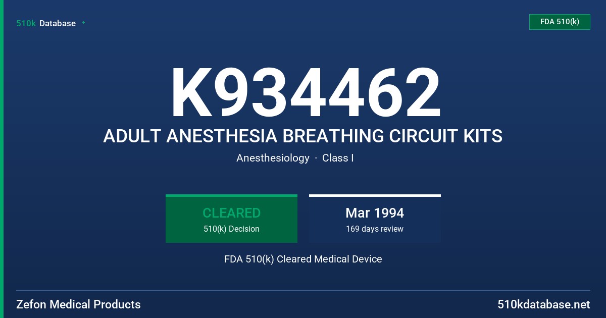 K934462 ADULT ANESTHESIA BREATHING CIRCUIT KITS FDA 510(k) Cleared Medical Device