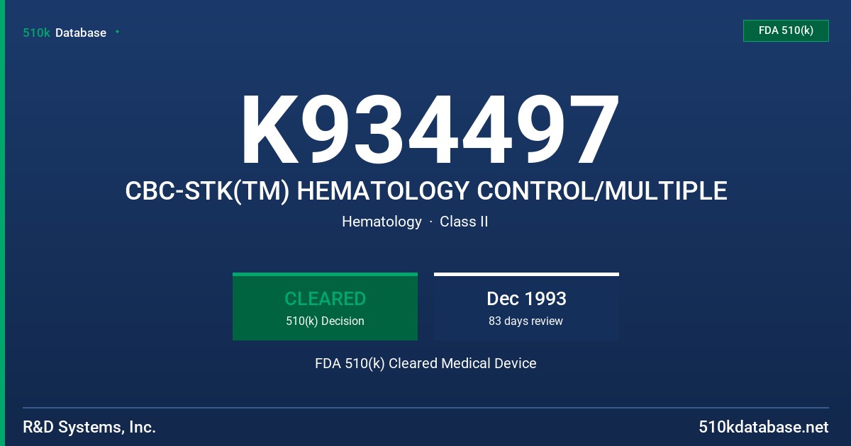 K934497 CBC-STK(TM) HEMATOLOGY CONTROL/MULTIPLE FDA 510(k) Cleared Medical Device